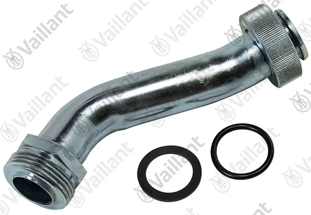 Vaillant Rohr mit gebogenem Ende, geeignet für Installationen. Enthalten sind zwei Dichtungsringe, die zur Abdichtung verwendet werden.
